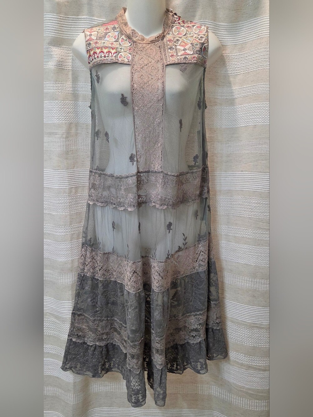 4 Love And Liberty Johnny Was Bohemian Embroidered Lace Nylon Sheer Dress  Sm